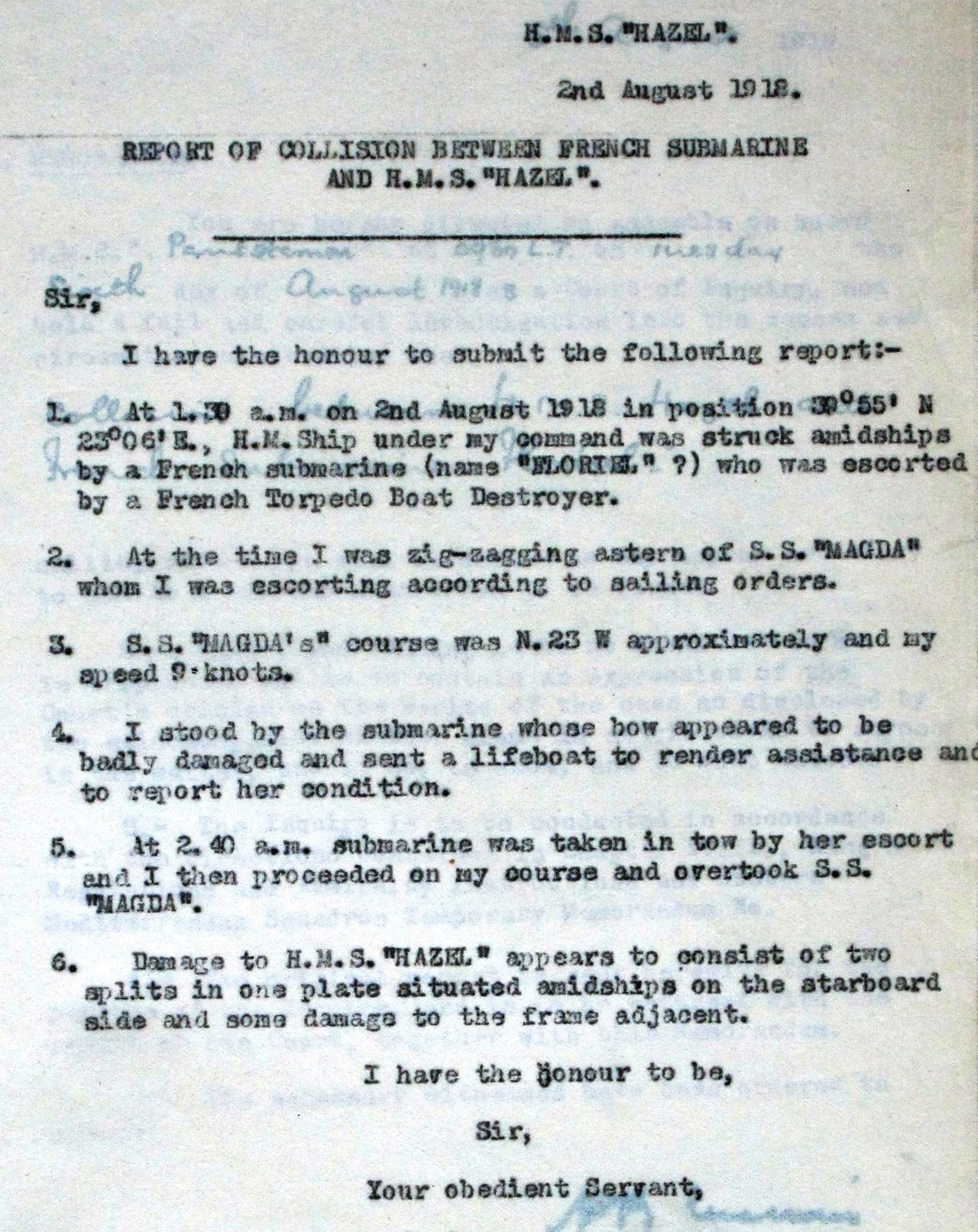 Η αναφορά του Κυβερνήτη του HMS HAZEL για το συμβάν της 2 Αυγούστου 1918 – The National Archives London.