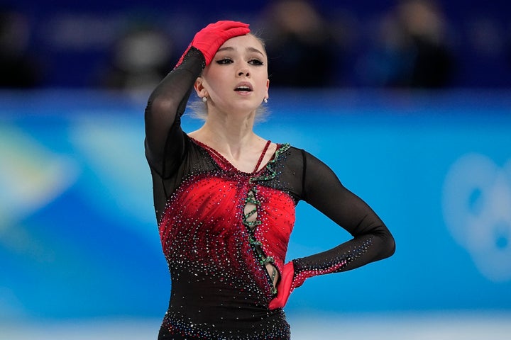 Kamila Valieva, of the Russian Olympic Committee, reacts in the women's team free skate program during the figure skating competition at the 2022 Winter Olympics, on Feb. 7, 2022, in Beijing. Russian figure skater Kamila Valieva has been disqualified from the 2022 Beijing Olympics. 