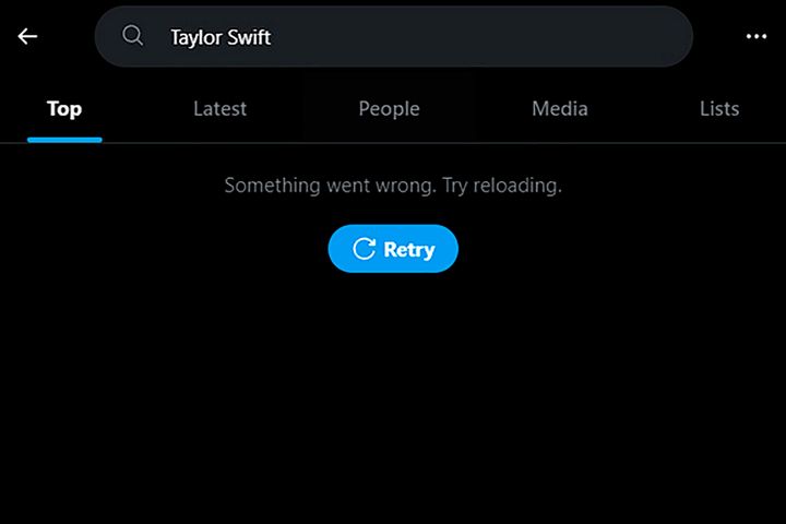 This screenshot made on Jan. 29, 2024, shows a Taylor Swift search error on social media platform X. 