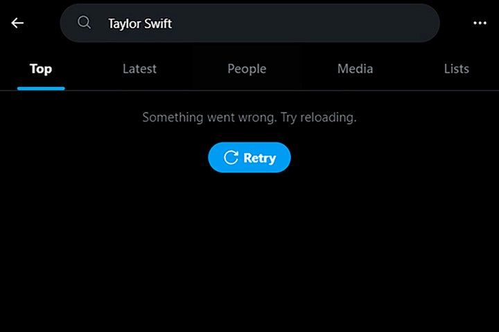This screenshot made on Jan. 29, 2024, shows a Taylor Swift search error on social media platform X.