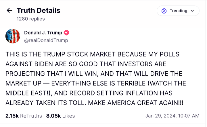 Donald Trump, who has not been president for three years now, took credit for a healthy stock market on Monday.