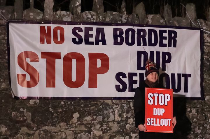 A protester outside Larchfield Estate where the DUP are holding a private party meeting, they are calling for the DUP not to go back into Stormont until the Irish Sea Border is removed. Picture date: Monday January 29, 2024. 
