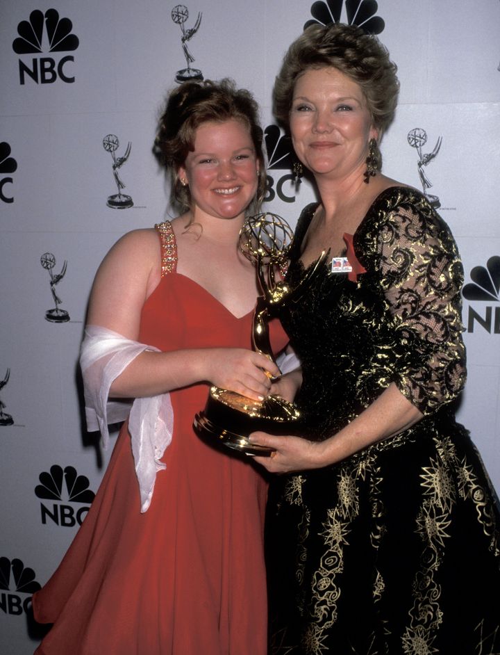 Erika Slezak and daughter Amanda Davies attend the 22nd Annual Daytime Emmy Awards on May 19, 1995, at the Marriott Marquis Hotel in New York City.