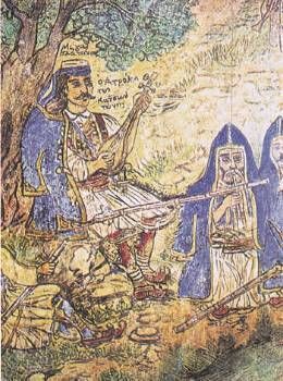 Ο ατρόμητος Κατσαντώνης παίζει τον ταμπουρά του. Λεπτομέρεια από τοιχογραφία του Θεόφιλου