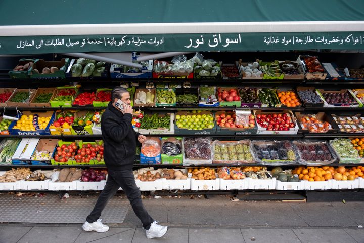 Display of fresh fruit and vegetables outside a shop on Edgware Road on 6th December 2023 in London, United Kingdom.