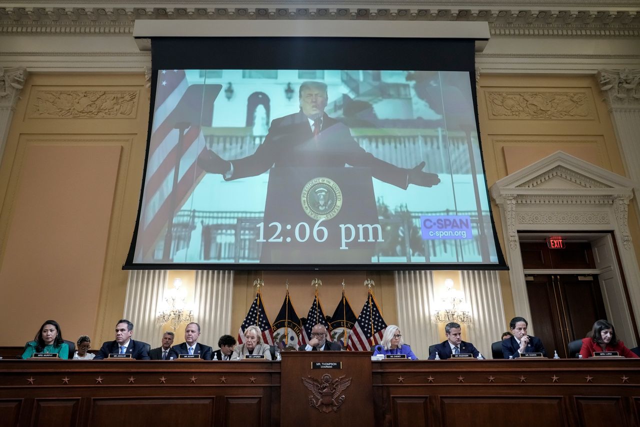 Former President Donald Trump is displayed on a screen during a hearing by the Select Committee to Investigate the January 6th Attack on the U.S. Capitol on June 9, 2022, in Washington, D.C.