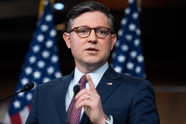 House Speaker Mike Johnson talks at the U.S. Capitol Visitor Center on Tuesday, Jan. 30, 2024.