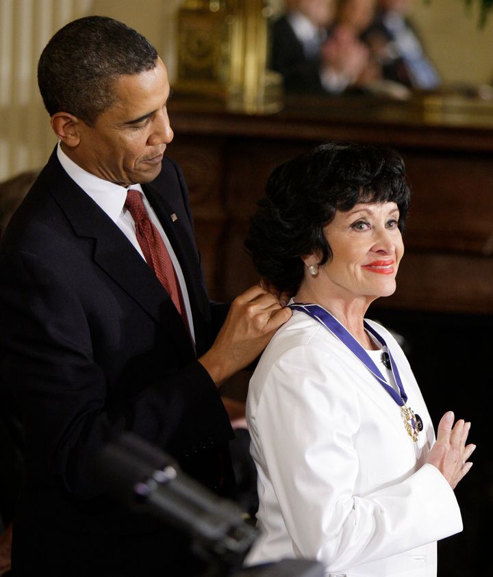 President Barack Obama places a 2009 Presidential Medal of Freedom around the neck of Chita Rivera, Aug. 12, 2009, during a ceremony in the East Room of the White House in Washington. Rivera, the dynamic dancer, singer and actress who garnered 10 Tony nominations, winning twice, in a long Broadway career that forged a path for Latina artists, died Tuesday. She was 91.