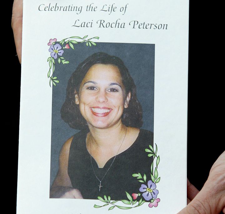 The program for the memorial service for Laci Peterson and her unborn son Conner shows a smiling image of Laci on May 4, 2003, in Modesto, California. About 3,000 people gathered at a church to remember her on what would have been her 28th birthday.