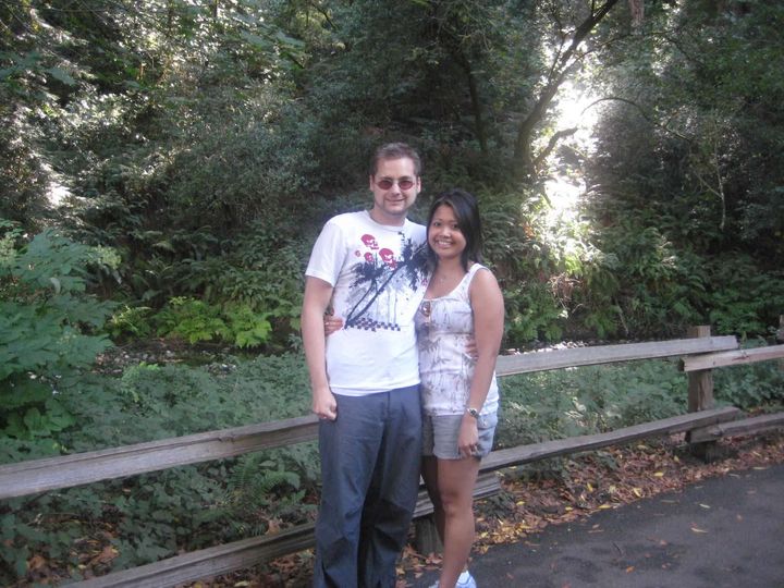 The author and her now-husband, at Muir Woods, California, right around the time she started participating in office yoga at 27 years old.