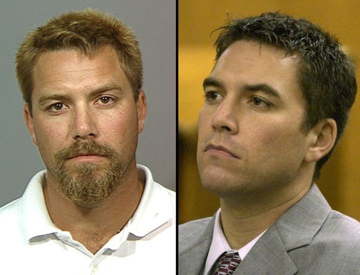 Left: Scott Peterson is shown after his arrest in a handout image released by the Stanislaus County Sheriff's office, April 19, 2003. Right: Scott Peterson sits in the Stanislaus County courthouse, Jan. 23, 2004, in Modesto, California.