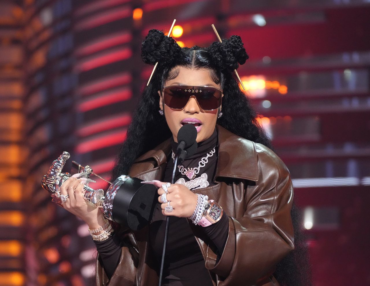 NEWARK, NEW JERSEY - SEPTEMBER 12: Nicki Minaj accepts the Best Hip Hop award for "Super Freaky Girl" onstage during the 2023 MTV Video Music Awards at Prudential Center on September 12, 2023 in Newark, New Jersey. 
