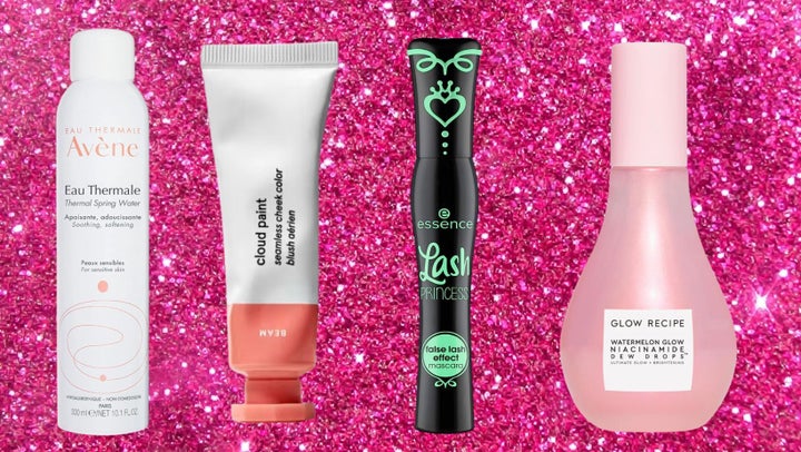 Avené thermal spring water spray, Glossier's cloud blush, Essence Lash Princess mascara and Glow Recipe niacinamide serum.