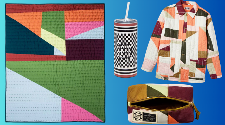 A Gee's Bend lap blanket,patterned drinking cup, pencil bag and quilted coat.