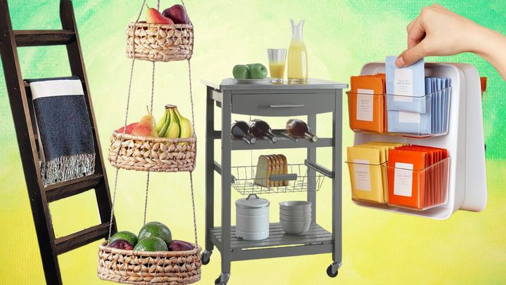 A leaning blanket ladder, some hanging baskets filled with fruit from Etsy, a kitchen cart for added storage from Wayfair and a double-sided tea organizer from Amazon.