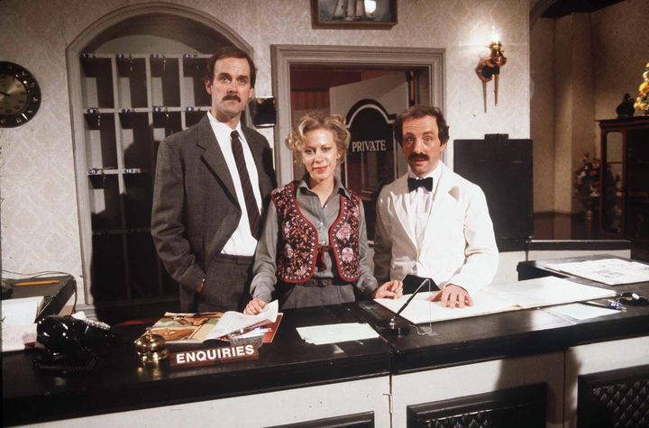 John Cleese, Connie Booth and Andrew Sachs on the set of Fawlty Towers