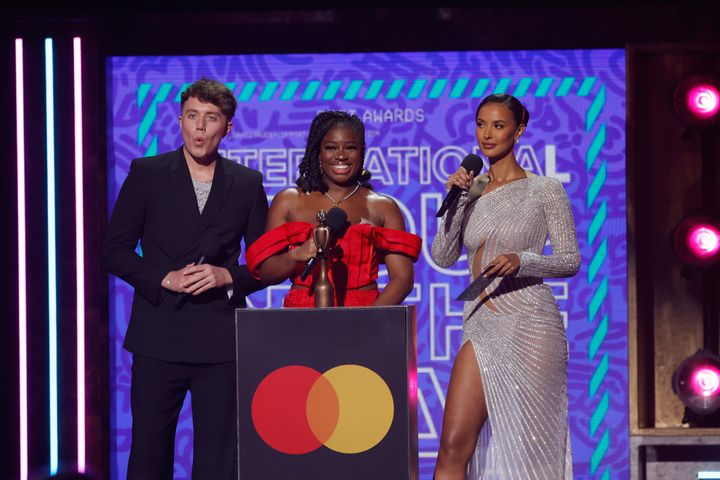 Roman Kemp, Clara Amfo and Maya Jama presented the award for International Group together during last year's Brits