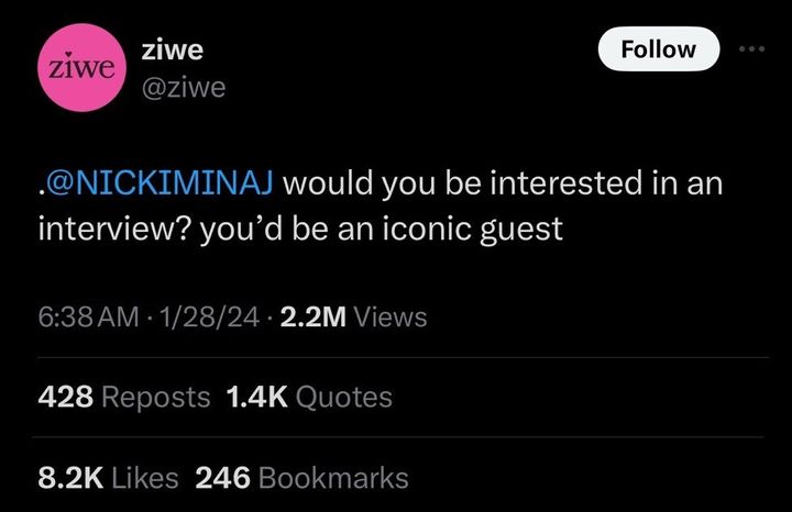 In this screenshot from X, captured by journalist Gerrick Kennedy, Ziwe extends an invitation for Nicki Minaj to join her show.