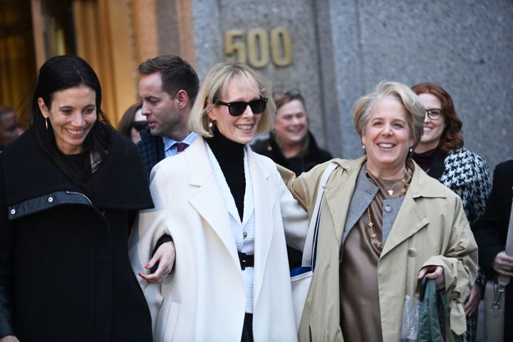Writer E. Jean Carroll (center) and attorney Roberta Kaplan (at right) are seen leaving federal court in Manhattan, New York, on Jan. 26, 2024.