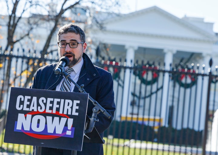 Hassan El-Tayyab, legislative director for Middle East policy at Friends Committee on National Legislation, speaks during a press conference on the delivery of close to 1 million supporters calling on Biden to help bring about a cease-fire in Israel and Gaza at the White House on Nov. 29, 2023.