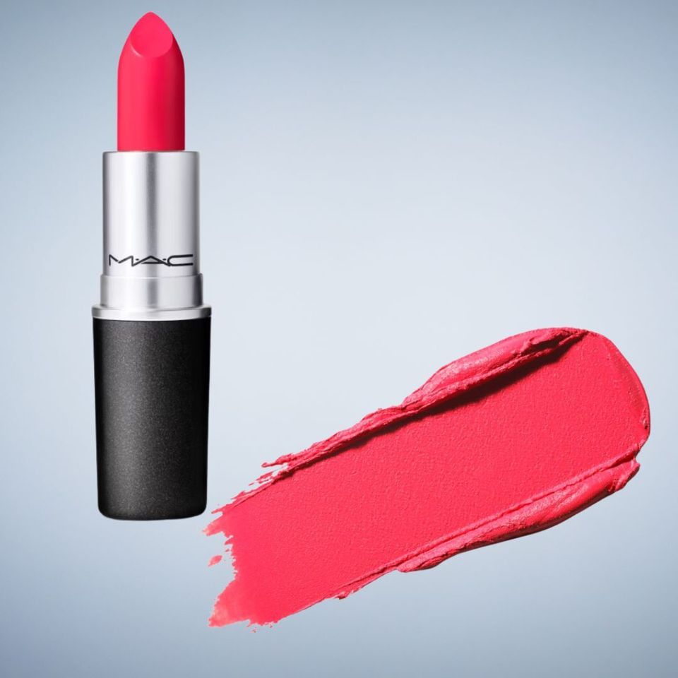 A bright coral-hued matte lipstick