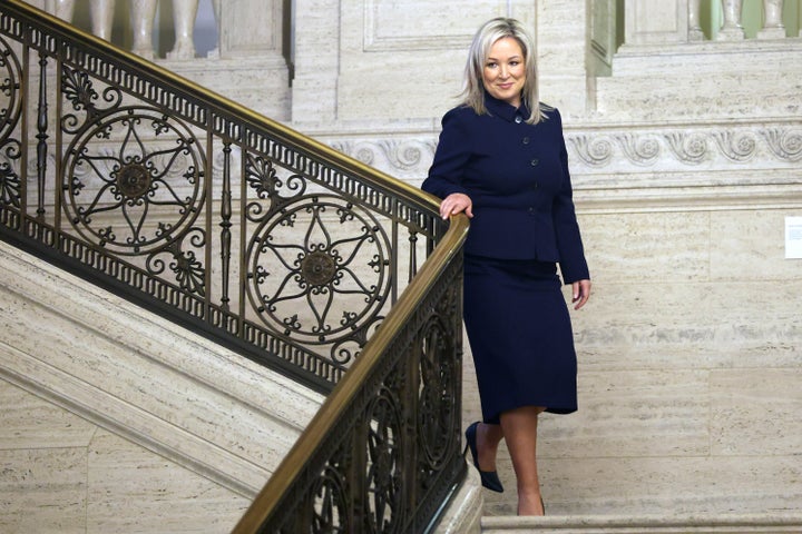 Sinn Fein Vice President Michelle O'Neill walks through Stormont Parliament Buildings in Belfast, Northern Ireland, on Saturday, Feb. 3.