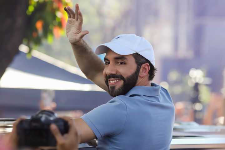El Salvador President Nayib Bukele, who is seeking re-election, waves to supporters after voting in general elections in San Salvador, El Salvador, Sunday, Feb. 4, 2024. 