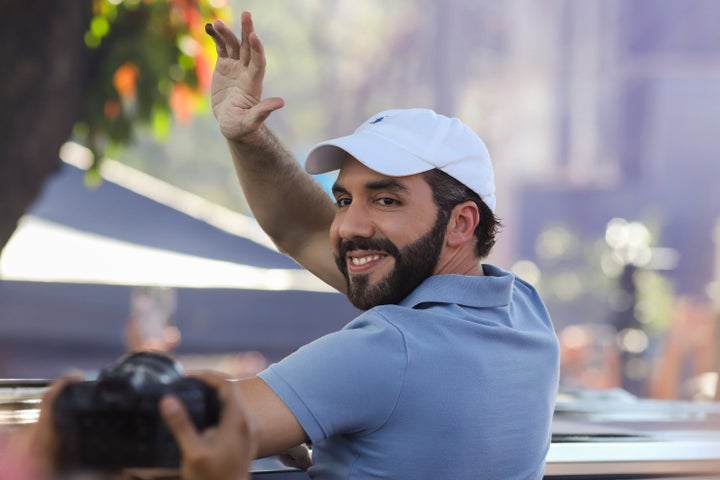 El Salvador President Nayib Bukele, who is seeking re-election, waves to supporters after voting in general elections in San Salvador, El Salvador, Sunday, Feb. 4, 2024.