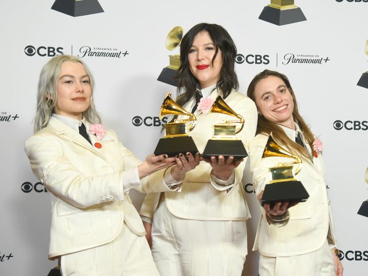 Phoebe Bridgers, Lucy Dacus, and Julien Baker of Boygenius pictured after the 2024 Grammys