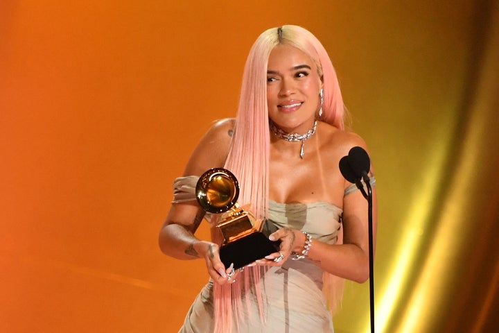 Karol G on stage during the Grammys