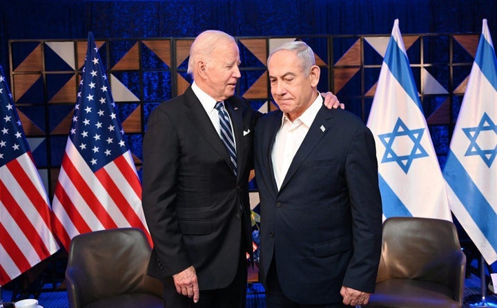 Joe Biden and Benjamin Netanyahu meet in Tel Aviv, Israel on October 18, 2023.