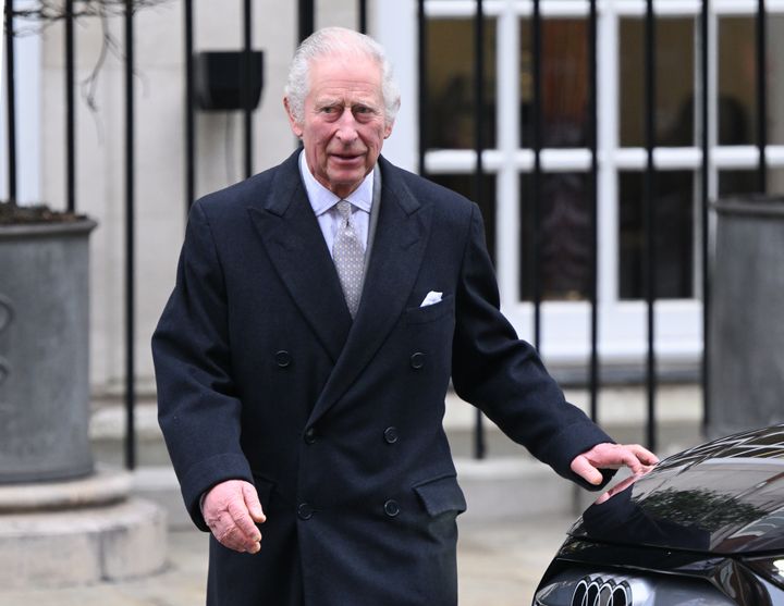 King Charles III leaves the London Clinic on Jan. 29 in London. The king has been receiving treatment for an enlarged prostate.