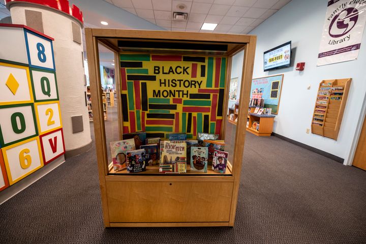 A case displaying books for Black History Month at the Elmont Memorial Library in Elmont, New York, on Jan. 29, 2021.