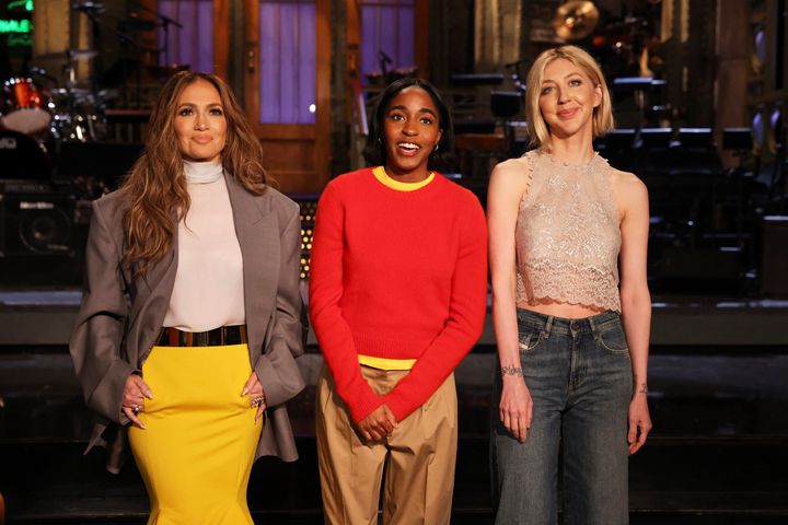 From left: musical guest Lopez, host Edebiri and Heidi Gardner in a promotional image for the Feb. 3 episode of "Saturday Night Live."