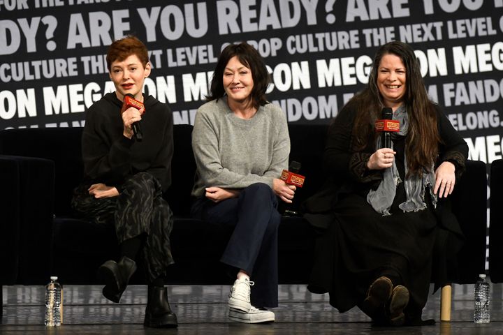Rose McGowan (left), Shannen Doherty and Holly Marie Combs speak during a Q&A session Sunday at MegaCon Orlando 2024.