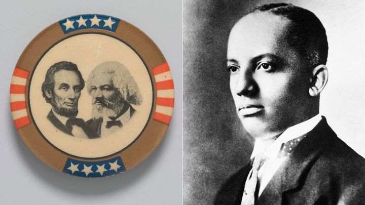 A pin featuring Abraham Lincoln and Frederick Douglass, who both have birthdays that fall during Black History Month. To the right, a photo of Carter G. Woodson, who’s known as “The Father of Black History Month.”