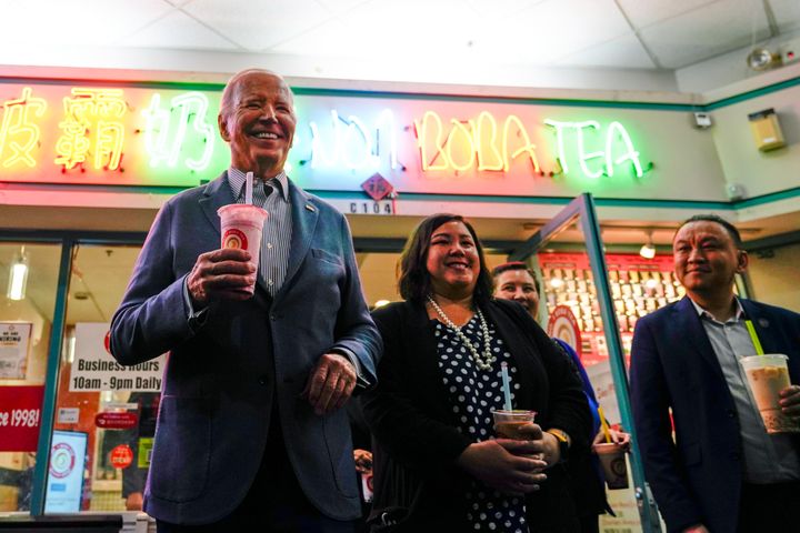 President Joe Biden talks during a stop at No. 1 Boba Tea during a stop in Las Vegas, on Feb. 5, 2024.