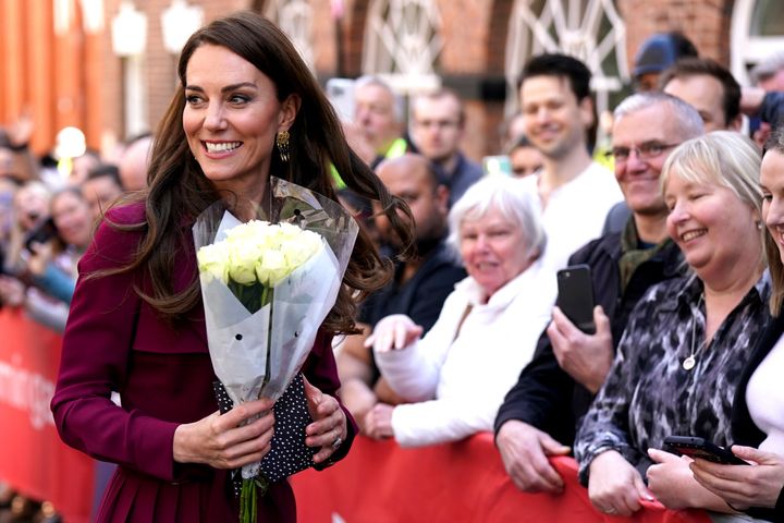 Britain's Kate, Princess of Wales, meets members of the public after a visit to The Rectory, Birmingham, England, Thursday, April 20, 2023. (Jacob King, Pool Photo via AP)