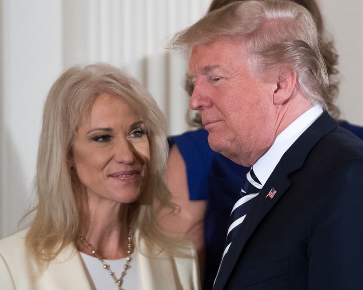 Then-White House counselor Kellyanne Conway and then-President Donald Trump pictured together in 2018.