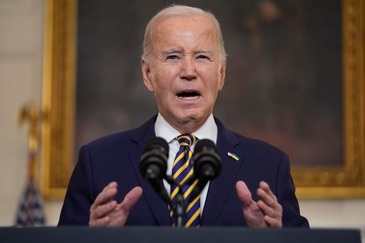 President Joe Biden delivers remarks on the Emergency National Security Supplemental Appropriations Act in the State Dining Room of the White House, Tuesday, Feb. 6, 2024, in Washington. (AP Photo/Evan Vucci)