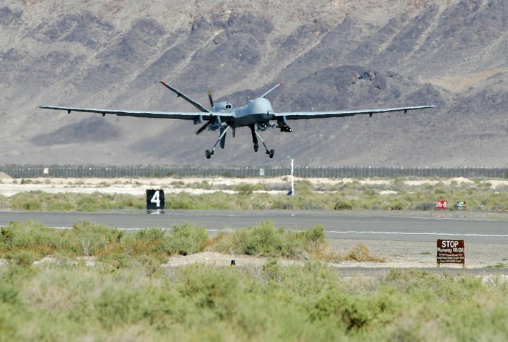 CREECH AIR FORCE BASE, NV: This file photo shows an MQ-9 Reaper taking off on a training mission August 8, 2007 at Creech Air Force Base in Indian Springs, Nevada. (Photo by Ethan Miller/Getty Images)