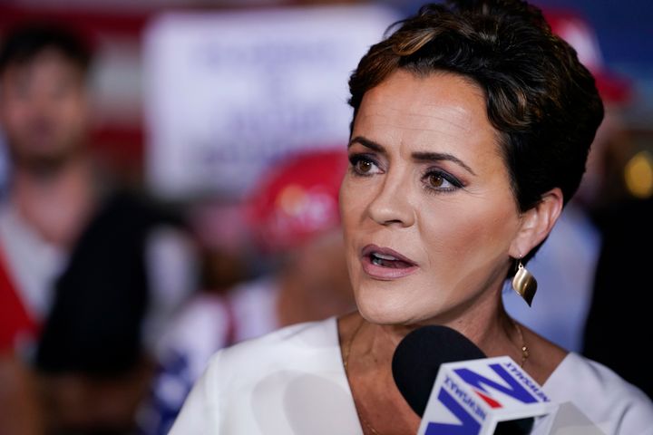Former Arizona Republican gubernatorial candidate Kari Lake talks in the Spin Room after former President Donald Trump held a campaign rally in Hialeah, Florida, on Nov. 8, 2023.
