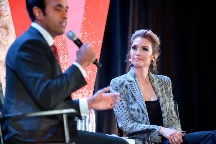 Vivek Ramaswamy and Elena Cardone speak during the 10X Ladies Empowerment Seminar at the JW Marriott Miami Turnberry Resort & Spa on Aug. 4, 2023, in Aventura, Florida.