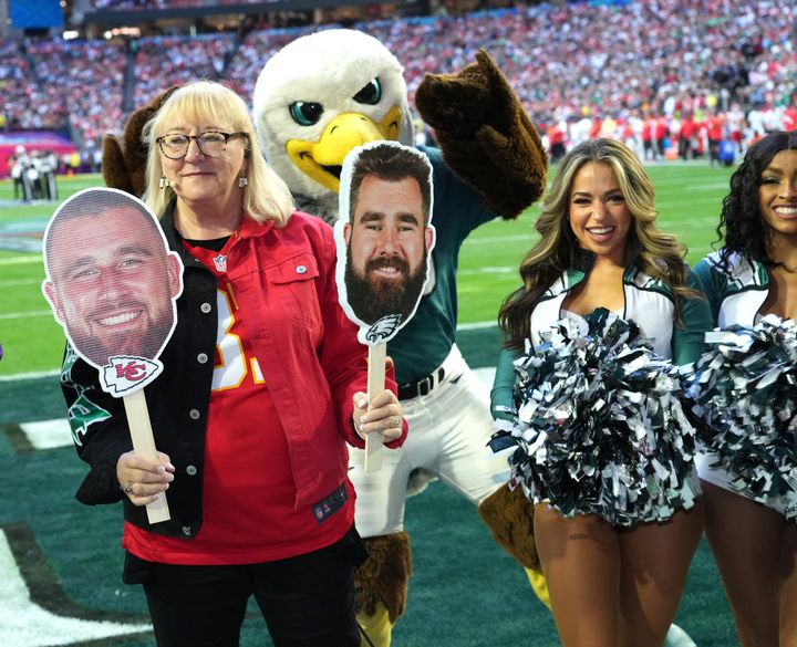 Donna Kelce, mother of Jason Kelce and Travis Kelce, attends Super Bowl LVII at State Farm Stadium on Feb. 12, 2023, in Glendale, Arizona.