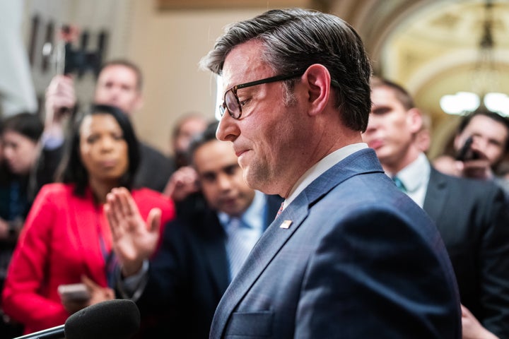 House Speaker Mike Johnson (R-La.) addresses the media Wednesday about the failed impeachment vote the day before against Homeland Security Secretary Alejandro Mayorkas.