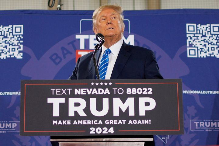 Republican presidential candidate Donald Trump speaks at a Jan. 27 campaign event in Las Vegas. Even without Trump on Nevada’s GOP primary ballot, rival Nikki Haley was denied her first victory in the presidential nomination race.
