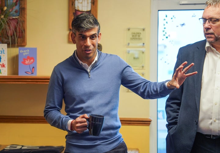 NEWQUAY, ENGLAND - FEBRUARY 08: British Prime Minister Rishi Sunak meets patients and staff on a visit to the Gentle Dental practice on February 08, 2024 in Newquay, Cornwall, England. (Photo by Hugh Hastings/Getty Images)