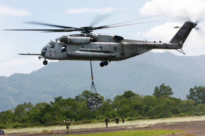 The CH-53E Super Stallion, similar to the one shown here, crashed during stormy weather in the mountains outside of San Diego on Tuesday. Five U.S. Marines who were aboard are dead, the military said Thursday.
