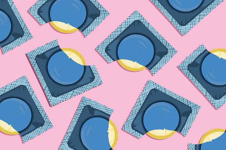 Seamless pattern of opened contraceptives for men