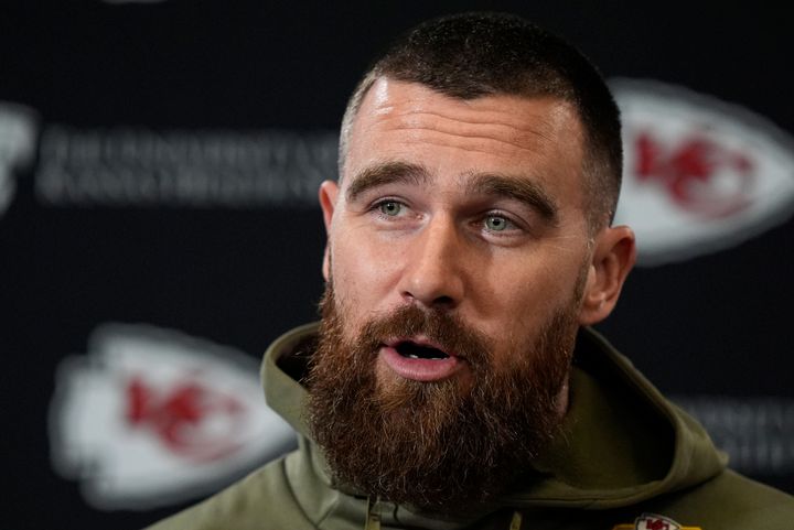 Travis Kelce appears at a Feb. 2 press conference ahead of Sunday's Super Bowl. He talked about the Kansas City Chiefs' reputation on his podcast, "New Heights," on Thursday.